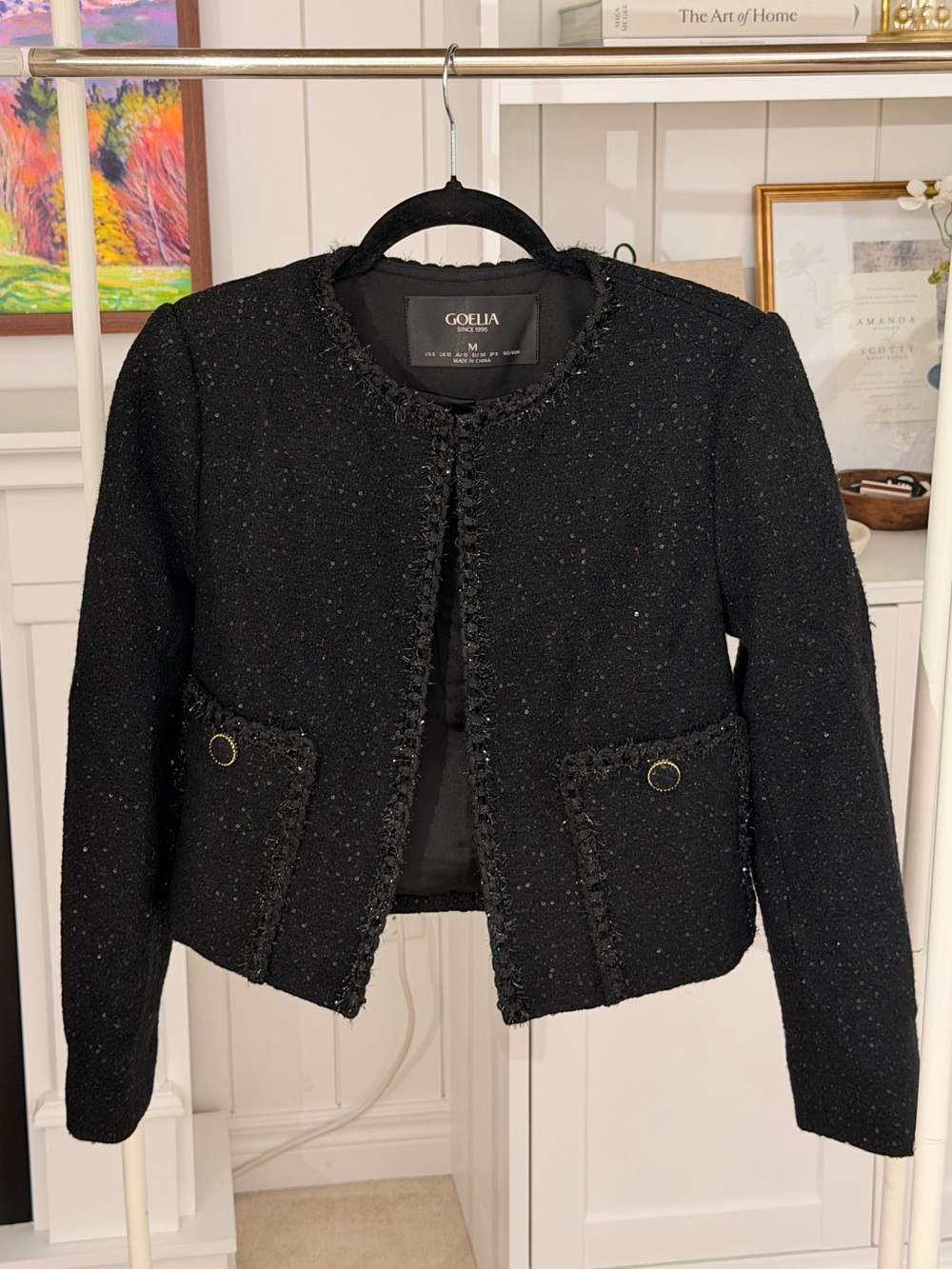 GOELIA Black Tweed Cropped Blazer with Decorative Trim